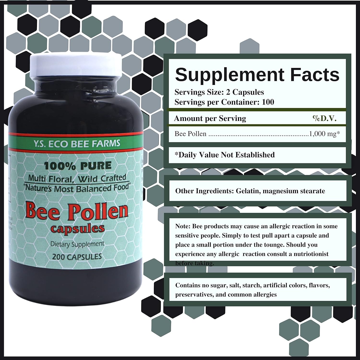Y.S. Eco Bee Farms Polen de Abeja 100% Puro Orgánico Silvestre - 200 Cápsulas