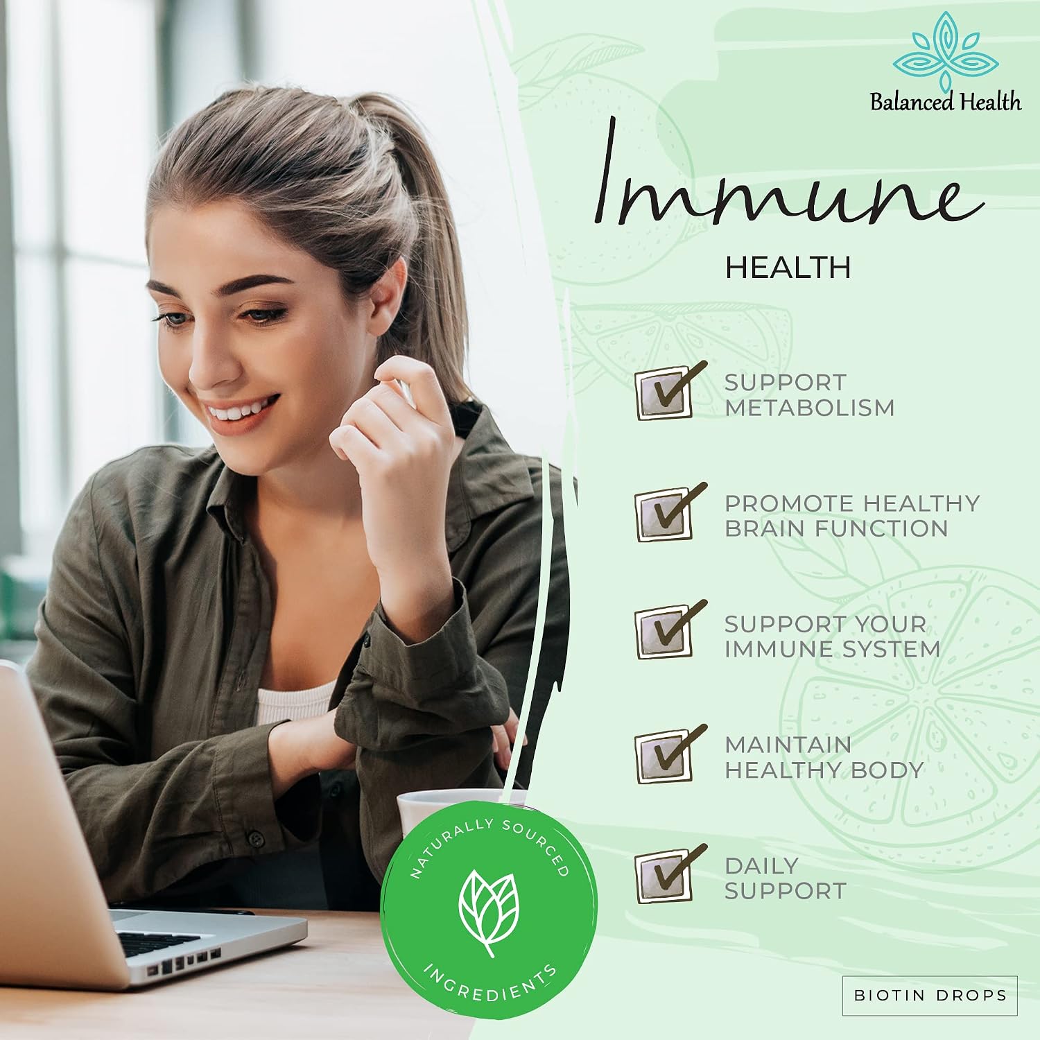 Balanced Health Biotin Drops – 120 Dosis, 60 ml, Sabor Limón
