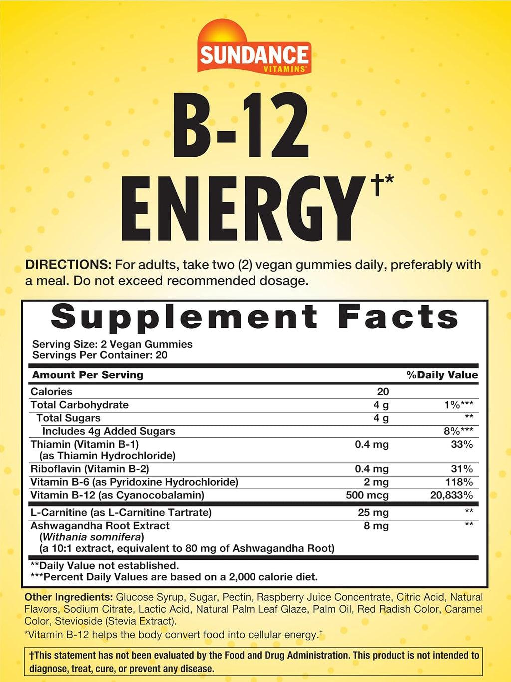 Sundance Vitamins B-12 Energy Gummies - Gominolas de Vitamina B12 con Ashwagandha y L-Carnitina - 40 Gominolas Veganas Sabor Melocotón y Frambuesa