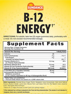 Sundance Vitamins B-12 Energy Gummies - Gominolas de Vitamina B12 con Ashwagandha y L-Carnitina - 40 Gominolas Veganas Sabor Melocotón y Frambuesa