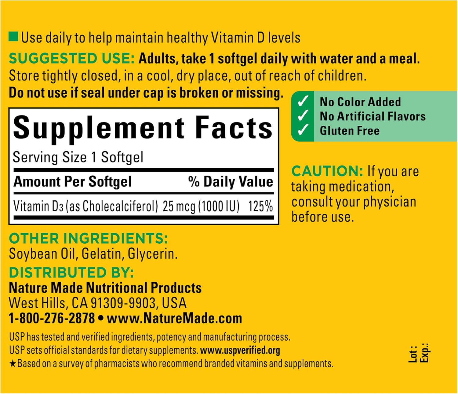 Nature Made Vitamina D3 1000 IU (25 mcg) – 180 Cápsulas Blandas