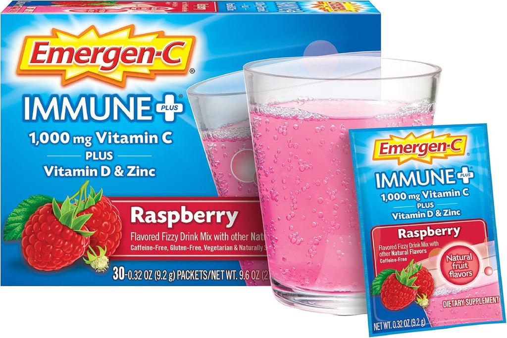 Emergen-C Immune+ Vitamina C 1000 mg, con Vitamina D, Zinc y Antioxidantes, Sabor Frambuesa - 30 Sobres