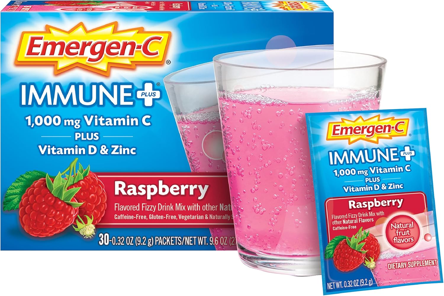 Emergen-C Immune+ Vitamina C 1000 mg, con Vitamina D, Zinc y Antioxidantes, Sabor Frambuesa - 30 Sobres