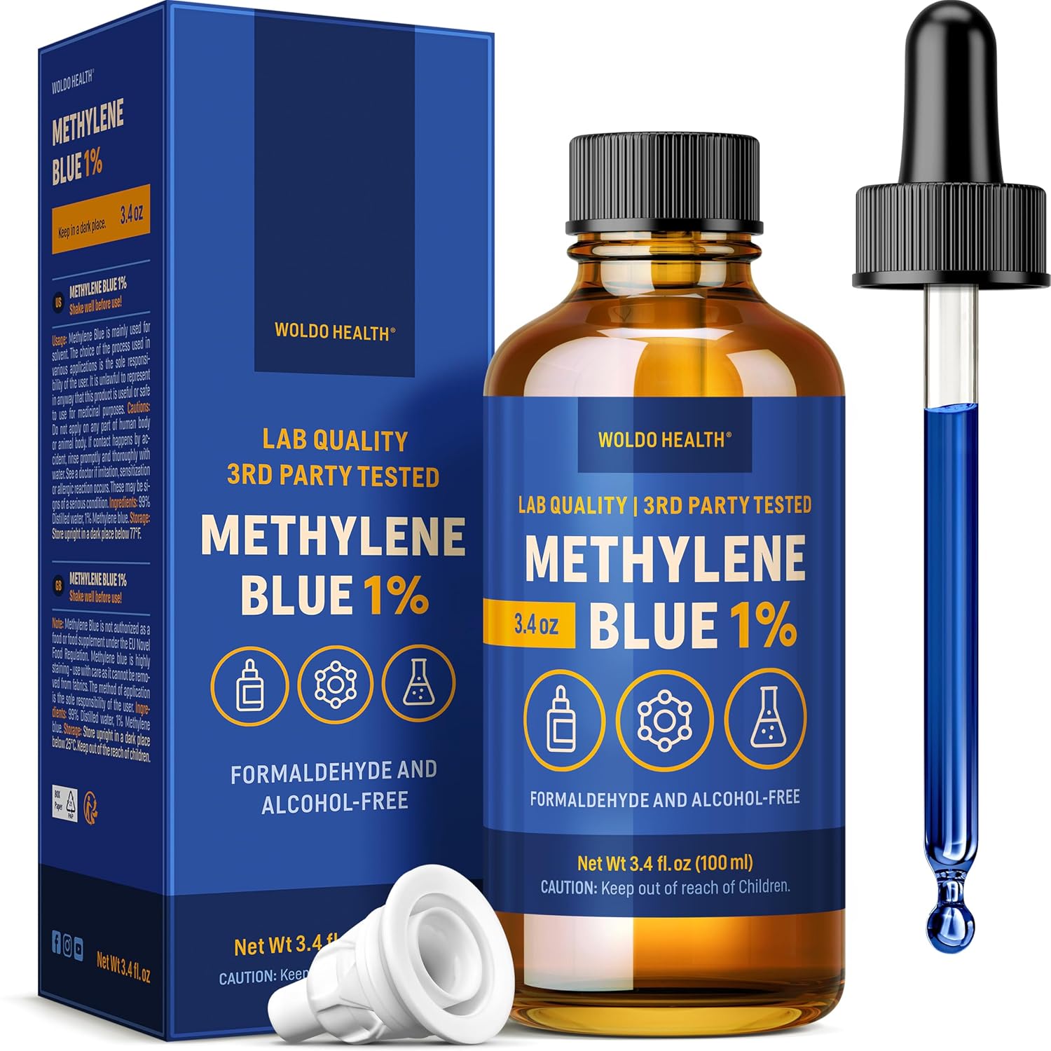WoldoHealth DMSO 10% con Azul de Metileno 1% - Frasco de Vidrio de 100 ml con Cuentagotas, Libre de Formaldehído y Alcohol, Solución Analítica