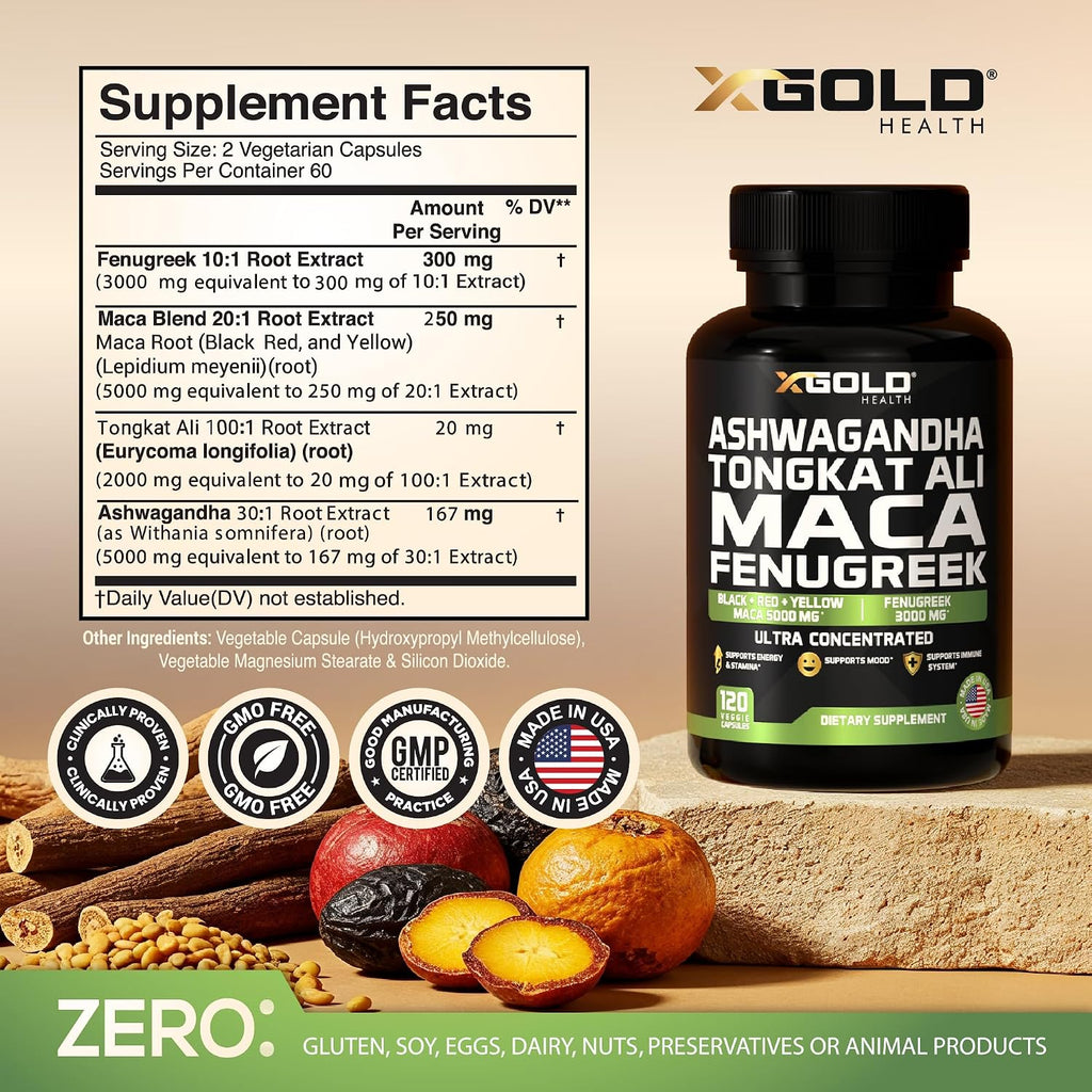 X Gold Health Complejo Herbal Ashwagandha 30:1 + Tongkat Ali 50:1 + Maca 20:1 + Fenogreco 10:1 | Extractos de Alta Potencia | Energía y Vitalidad