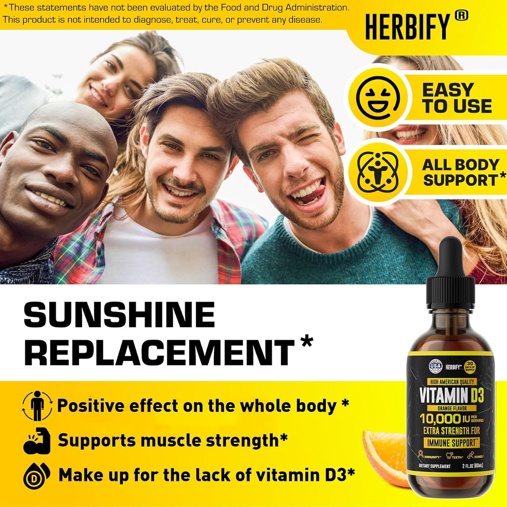 HERBIFY Vitamina D3 10000 UI - Gotas Líquidas - Salud Ósea e Inmunológica - 30 Días - 60 ml