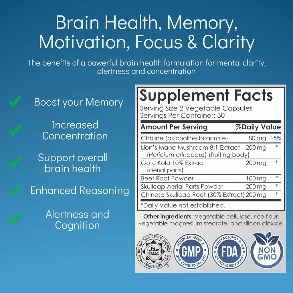 Brain Health Nootropic Supplement – Lion's Mane 200mg, Gotu Kola 200mg, Choline 80mg, Beetroots 100mg, Skullcap 400mg