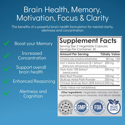 Brain Health Nootropic Supplement – Lion's Mane 200mg, Gotu Kola 200mg, Choline 80mg, Beetroots 100mg, Skullcap 400mg – Image 2