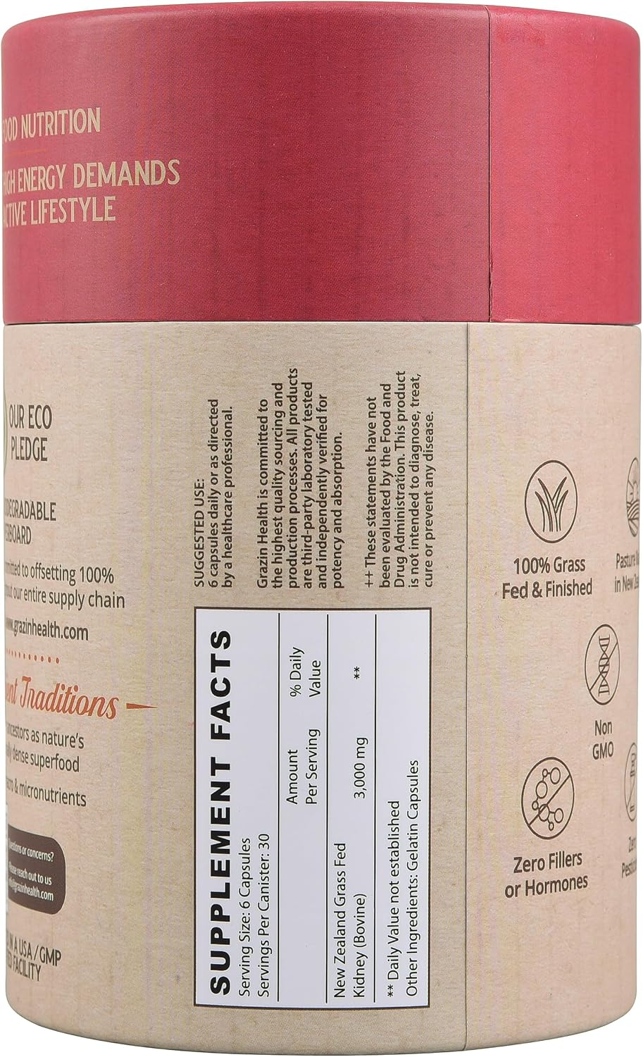 GRAZIN HEALTH Cápsulas de Riñón Bovino 3000mg | Suplemento de Órganos de Pastoreo