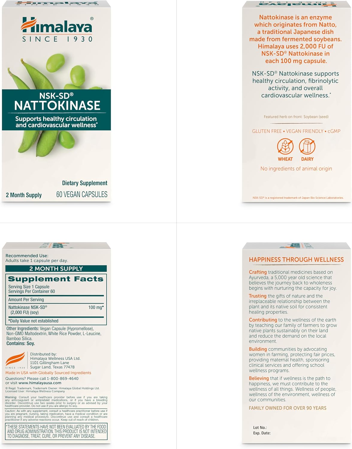 Himalaya NSK-SD Nattokinasa, Suplemento Alimenticio para una Circulación Saludable, Vegano, Sin Gluten, Extracto de Natto, 100 mg, 60 Cápsulas