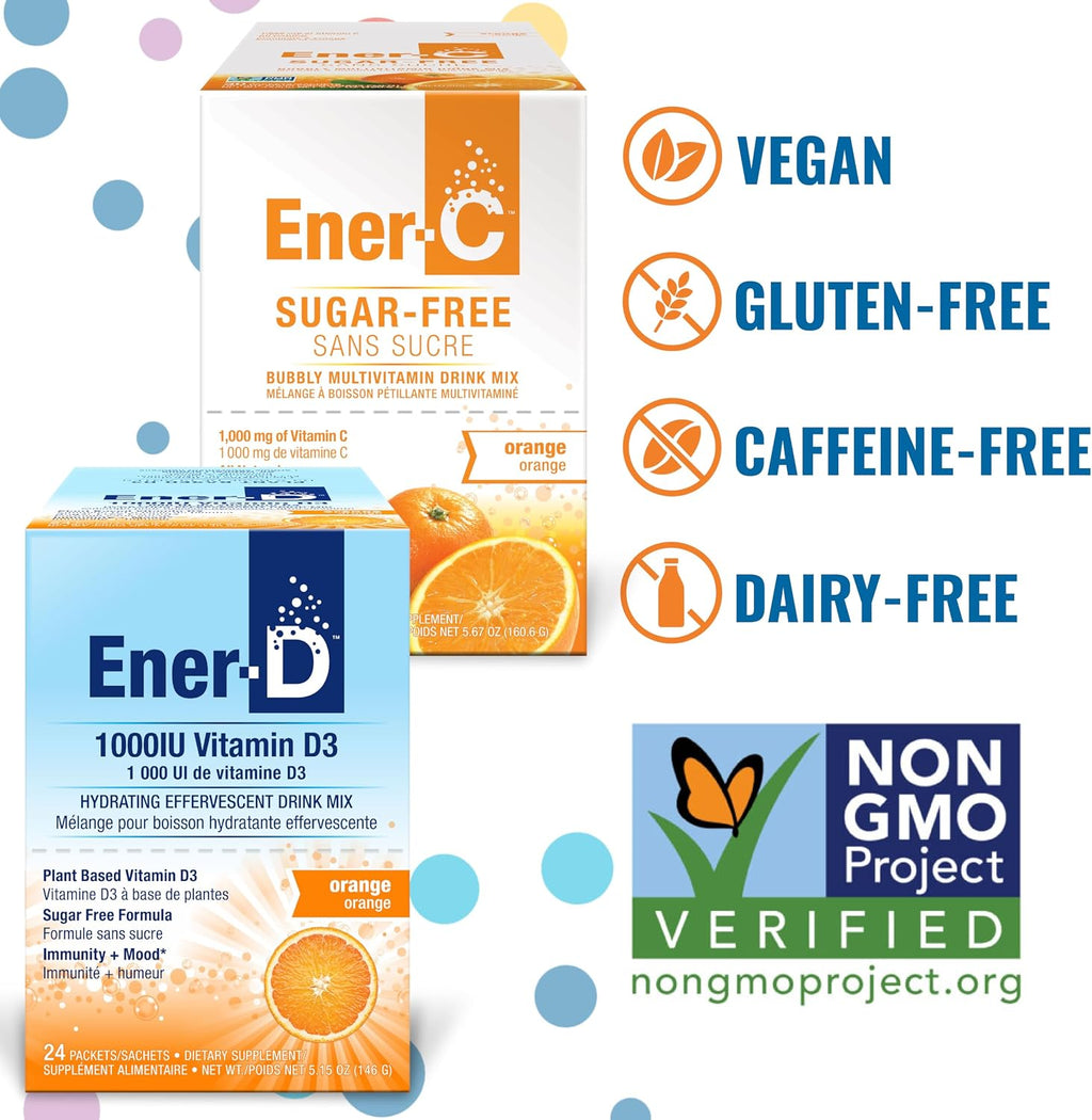 Ener-C Vitamina C 1000mg sin Azúcar y Ener-D Vitamina D3 Naranja Paquete Multivitamínico en Polvo