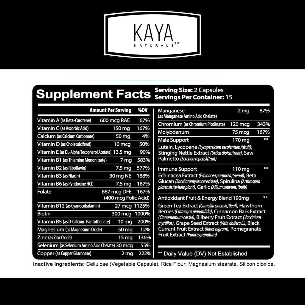 Kaya Naturals Multivitamínico para Hombres - Complejo de Vitaminas y Minerales con Zinc y Vitamina C - 30 Cápsulas Vegetales
