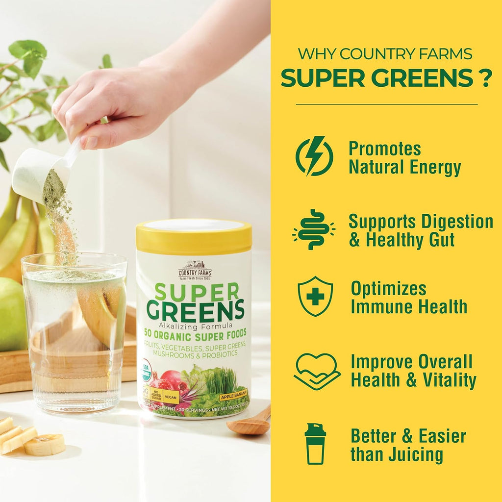 Country Farms Super Greens Apple Banana – Mezcla ecológica en polvo, 40 raciones (2 envases)