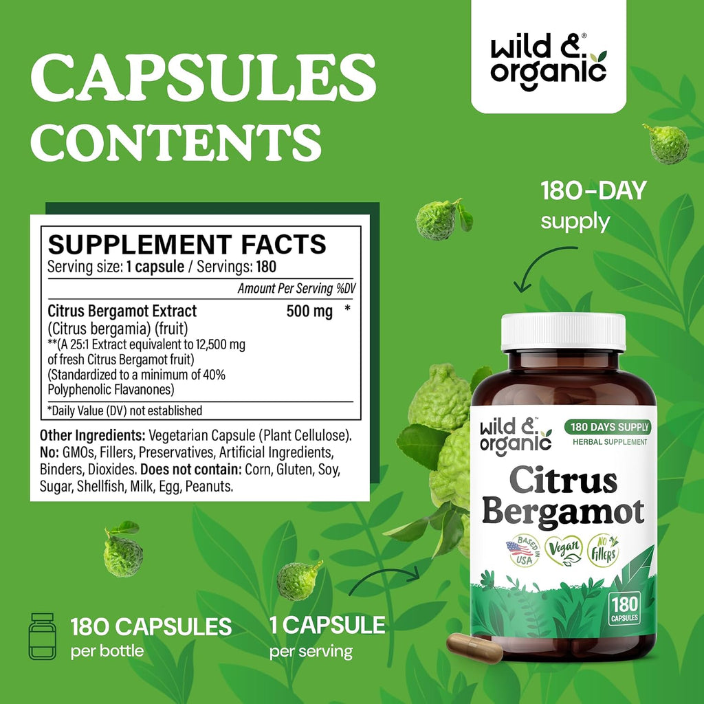 Wild & Organic Cápsulas de Bergamota Cítrica - Antioxidante y Apoyo General - Extracto de Citrus Bergamia - Vegano, Sin Rellenos, No GMO - 180 Cápsulas