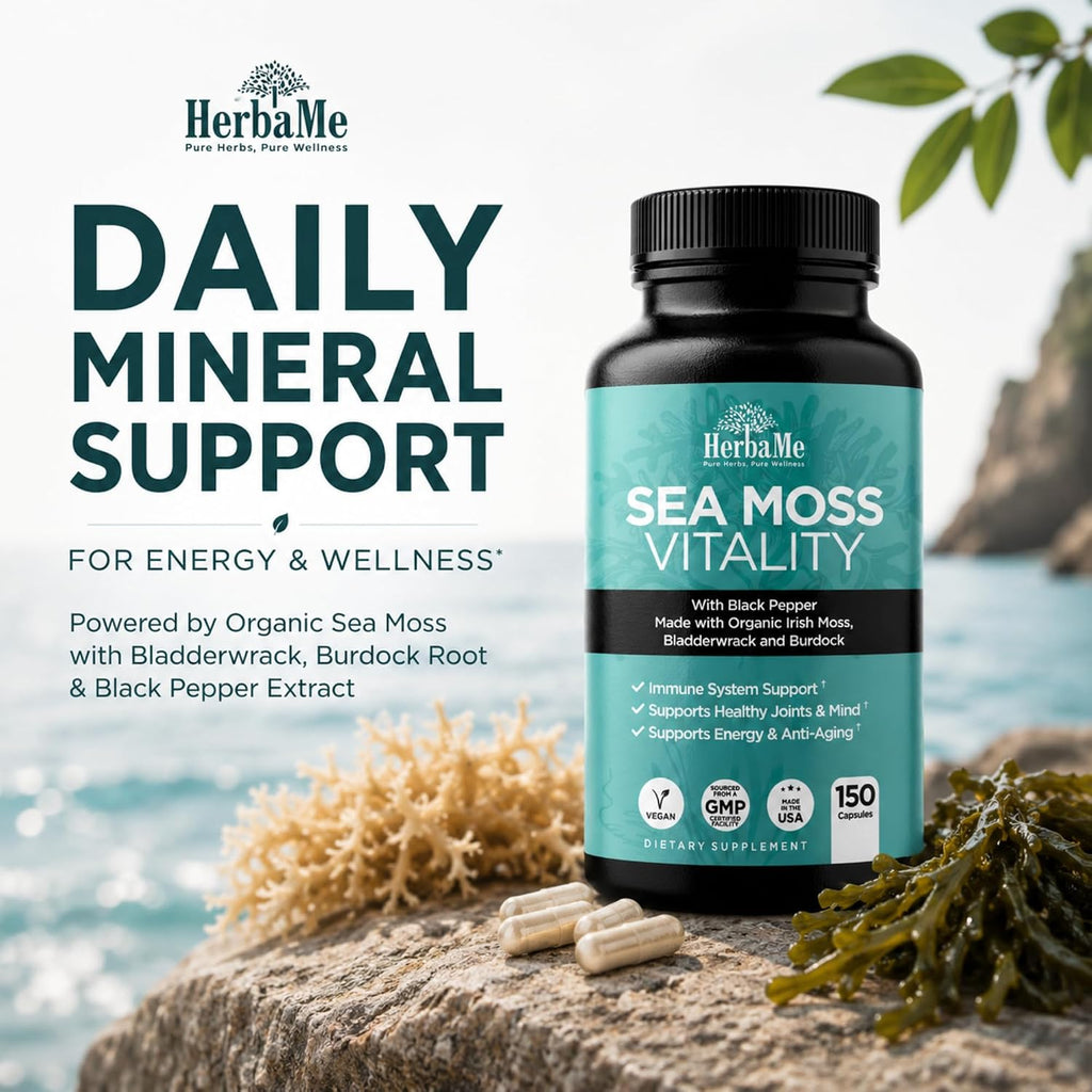 HerbaMe Musgo de Mar Orgánico con Bladderwrack, Bardana y Pimienta Negra - 150 Cápsulas Vegetales