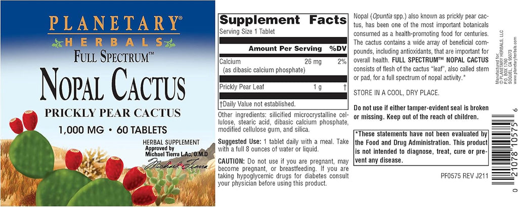 Planetary Herbals Full Spectrum Nopal Cactus 1000mg - 60 Comprimidos | Antioxidante Natural