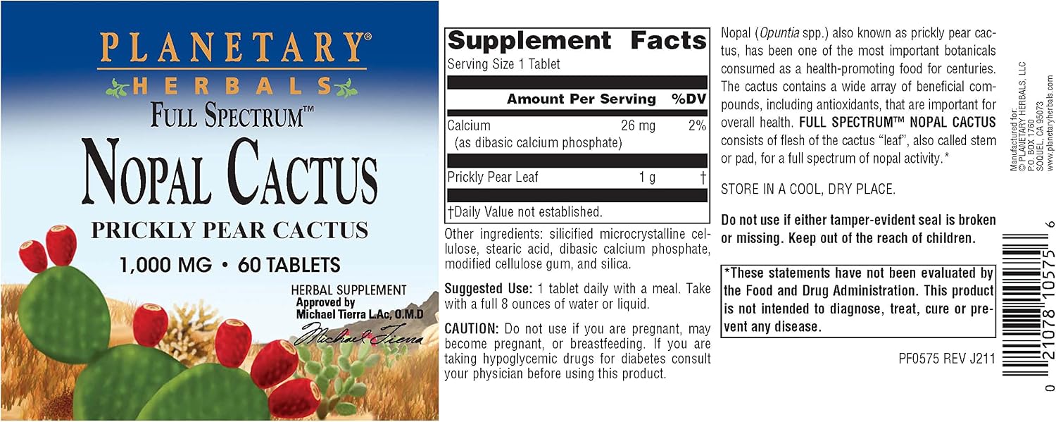 Planetary Herbals Full Spectrum Nopal Cactus 1000mg - 60 Comprimidos | Antioxidante Natural