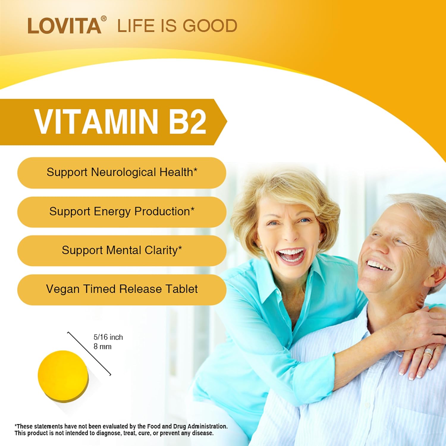 LOVITA Vitamina B2 (Riboflavina) 100 mg, Liberación Sostenida 8 Horas, 130 Comprimidos Veganos