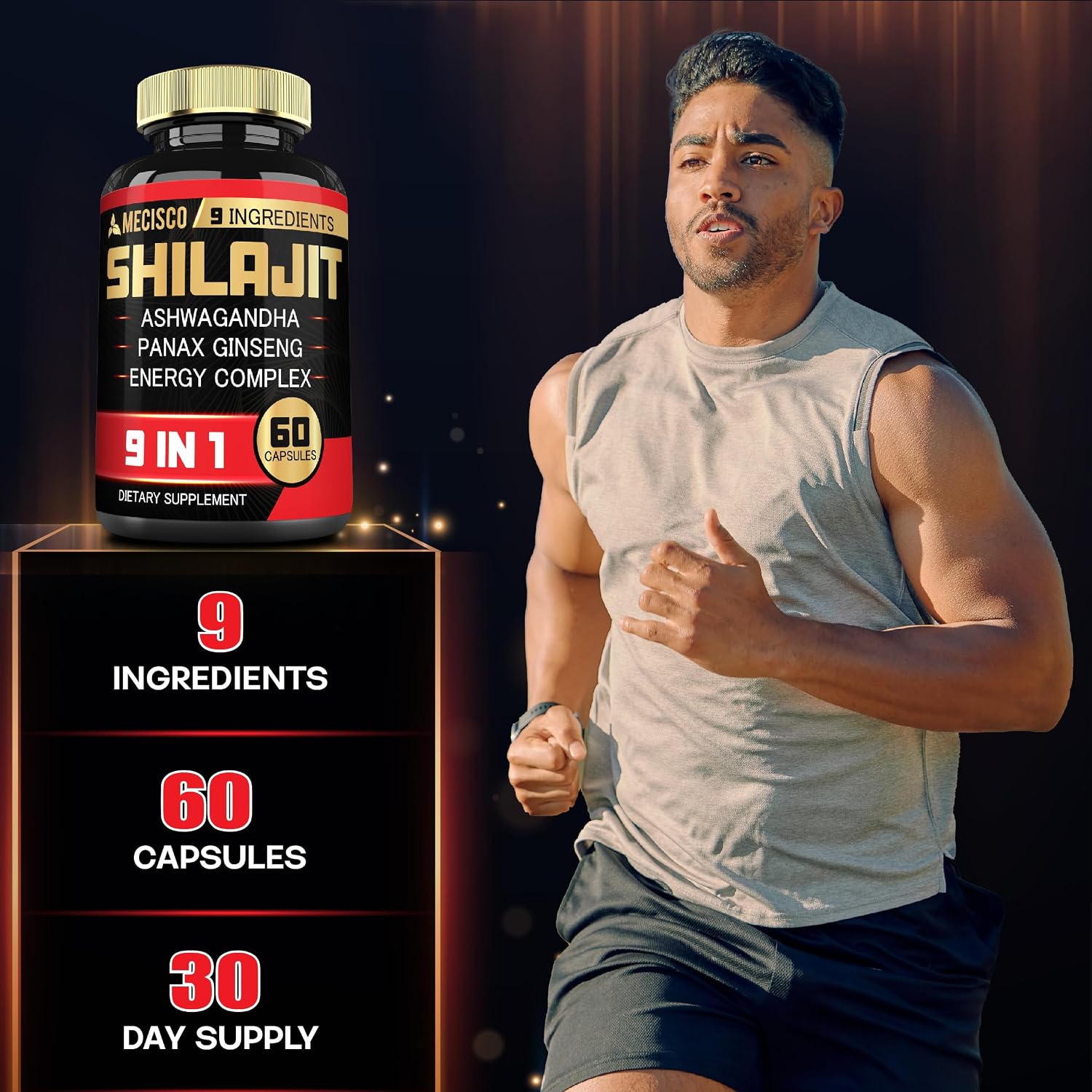 Shilajit con Ashwagandha, Ginseng, L-Arginina y más - 60 Cápsulas - Mecisco