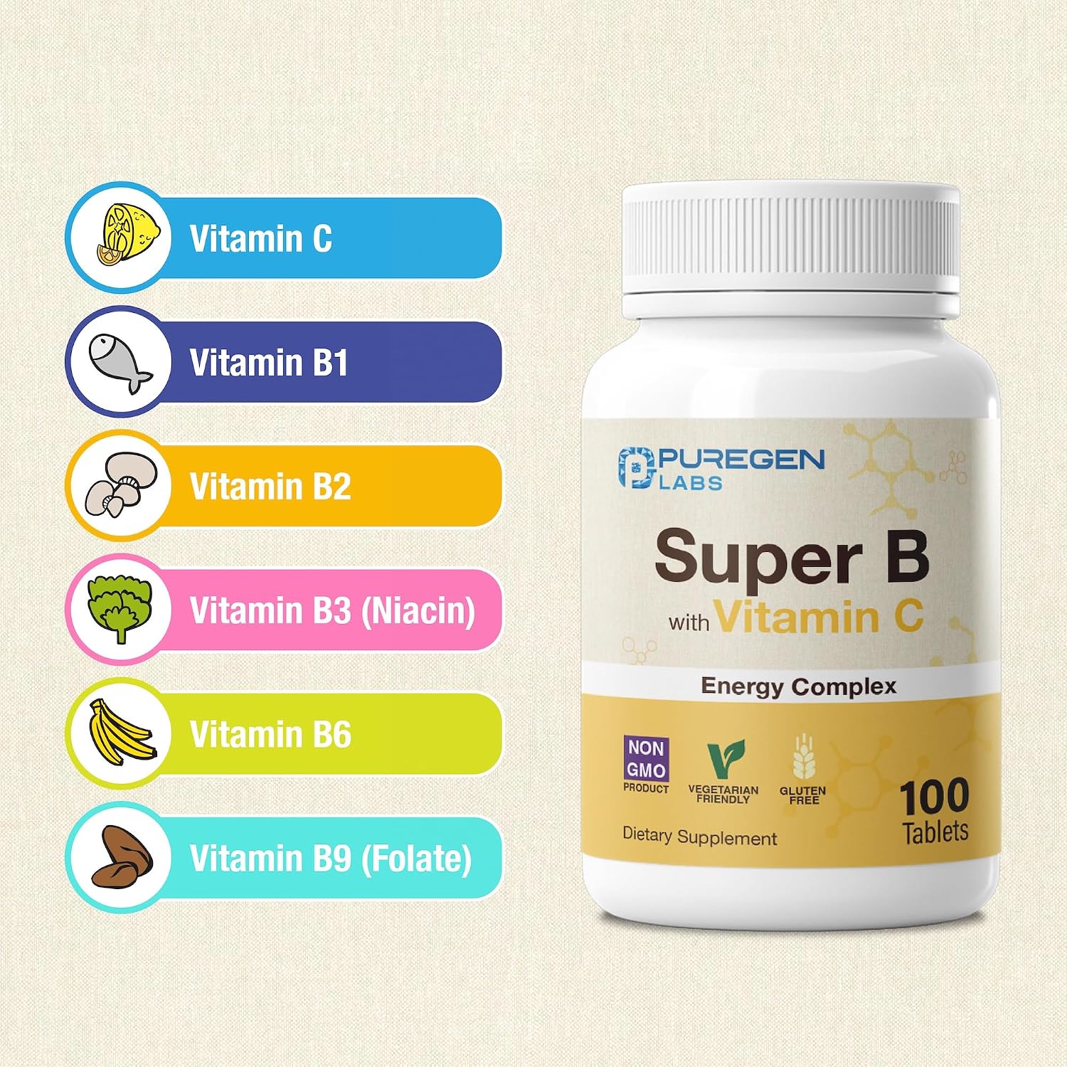 Puregen Labs Super B Energy Complex con Vitamina C - Salud Inmunitaria, Energía y Sistema Nervioso - Sin Gluten, No Transgénico, 100 Comprimidos Vegetales