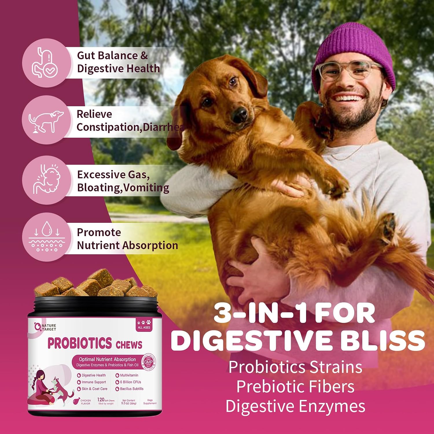 NATURE TARGET Probióticos para Perros, 120 Masticables Sabor Pollo con Enzimas Digestivas y Prebiótico