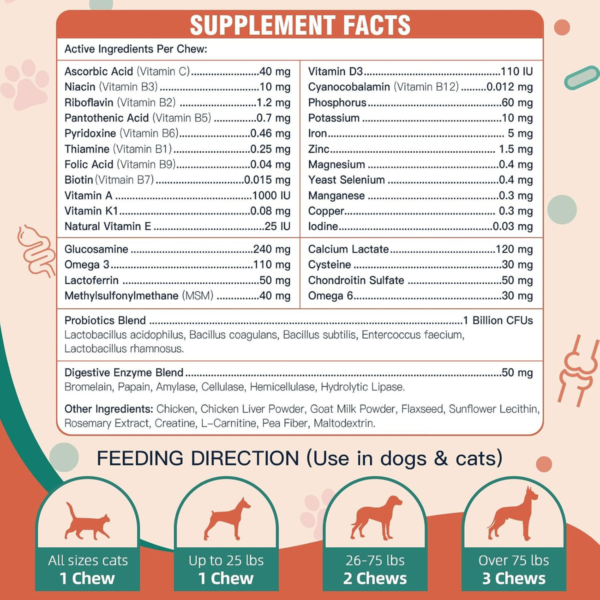 Multivitamínico para perros con glucosamina, omega 3, minerales, probióticos y enzimas - 120 masticables sabor pollo – Image 5