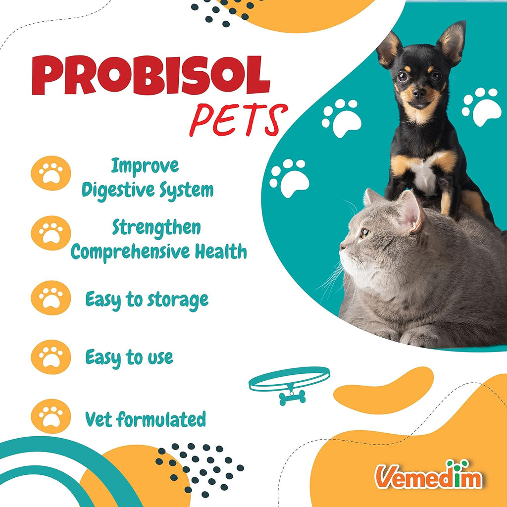 Vemedim Probisol Pets, Polvo Probiótico para Perros y Gatos, 30 Sobres de 150g