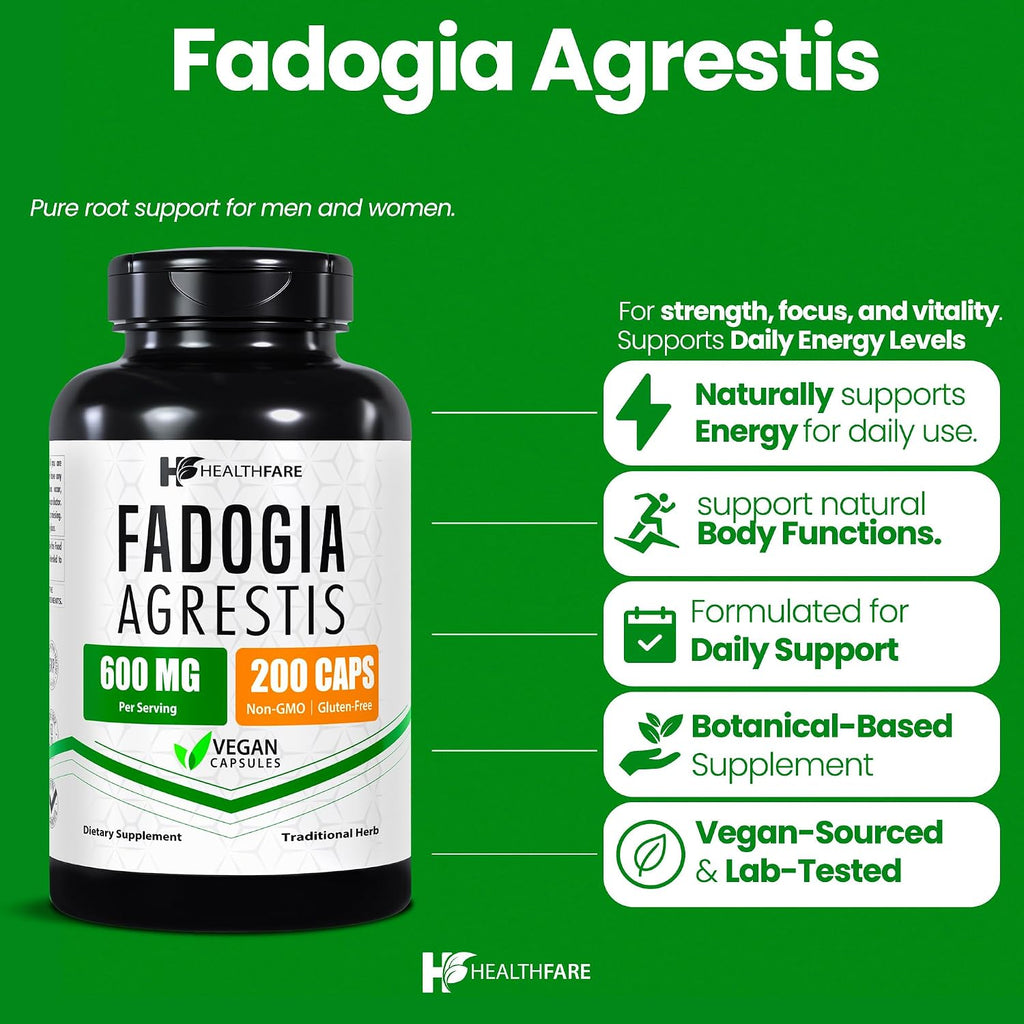 Healthfare Fadogia Agrestis Extract | 200 Cápsulas Veganas | Suplemento Herbal