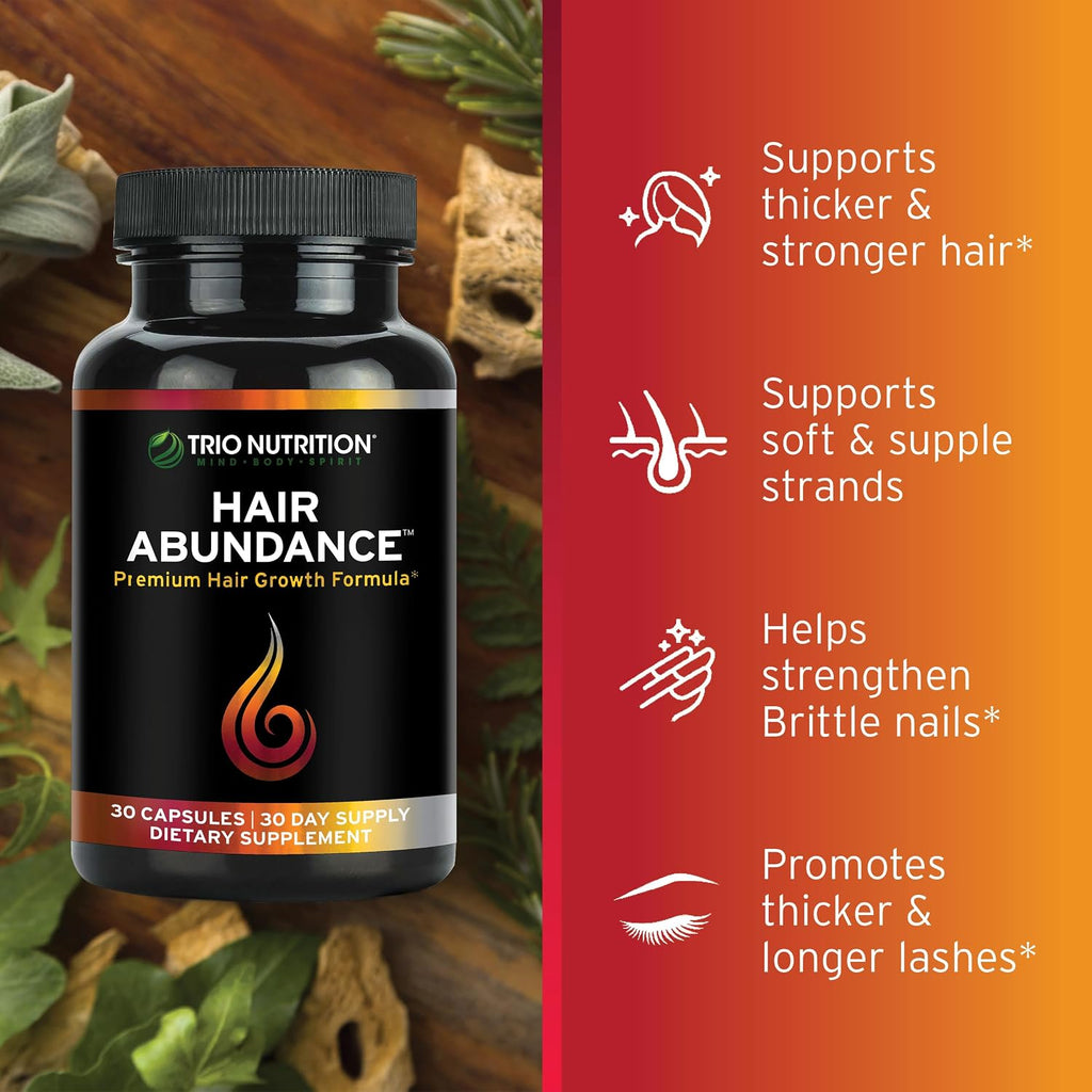 TRIO NUTRITION Hair Abundance | Suplemento de Biotina 10000mcg con Colágeno, Keratina, Zinc y Selenio