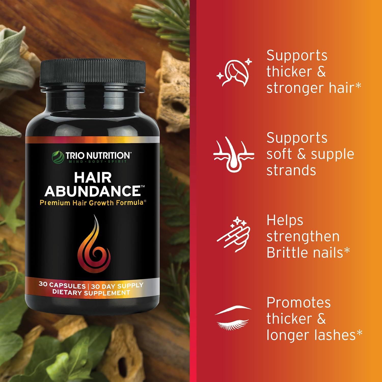 TRIO NUTRITION Hair Abundance | Suplemento de Biotina 10000mcg con Colágeno, Keratina, Zinc y Selenio