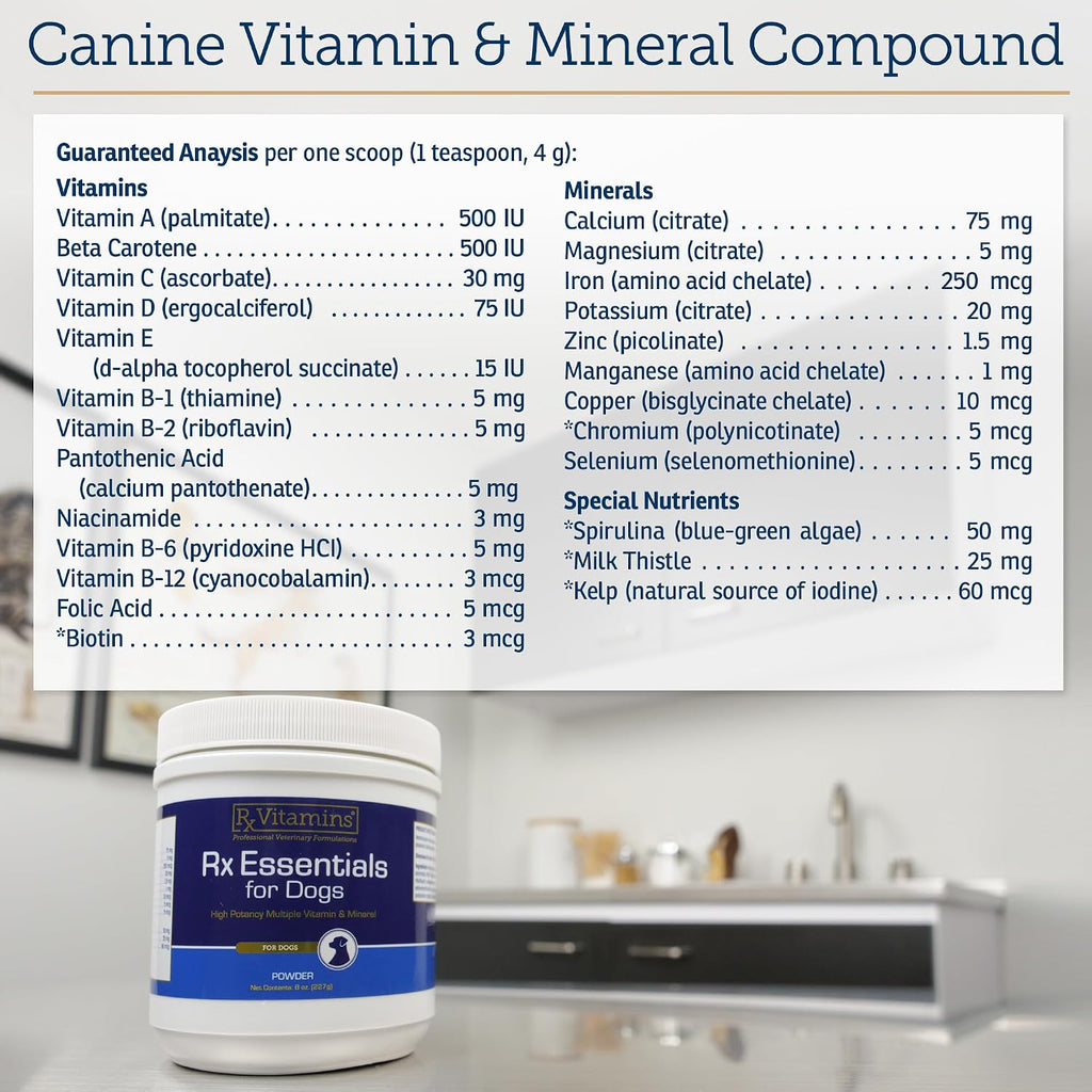 Rx Vitamins Essentials for Dogs - Multivitamínico y Minerales para Perros - con Spirulina Azul, Algas Kelp y Cardo Mariano - Polvo Completo de Vitaminas y Minerales - 227 g (8 oz)