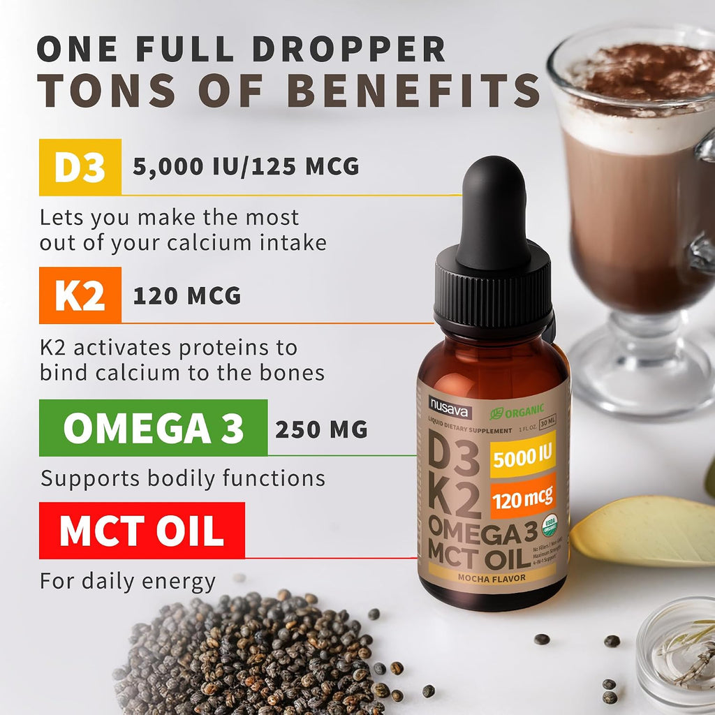 Gotas Orgánicas de Vitamina D3 + K2 con MCT y Omega 3 - 5000 UI - Sabor Mocha