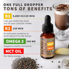 Gotas Orgánicas de Vitamina D3 + K2 con MCT y Omega 3 - 5000 UI - Sabor Mocha