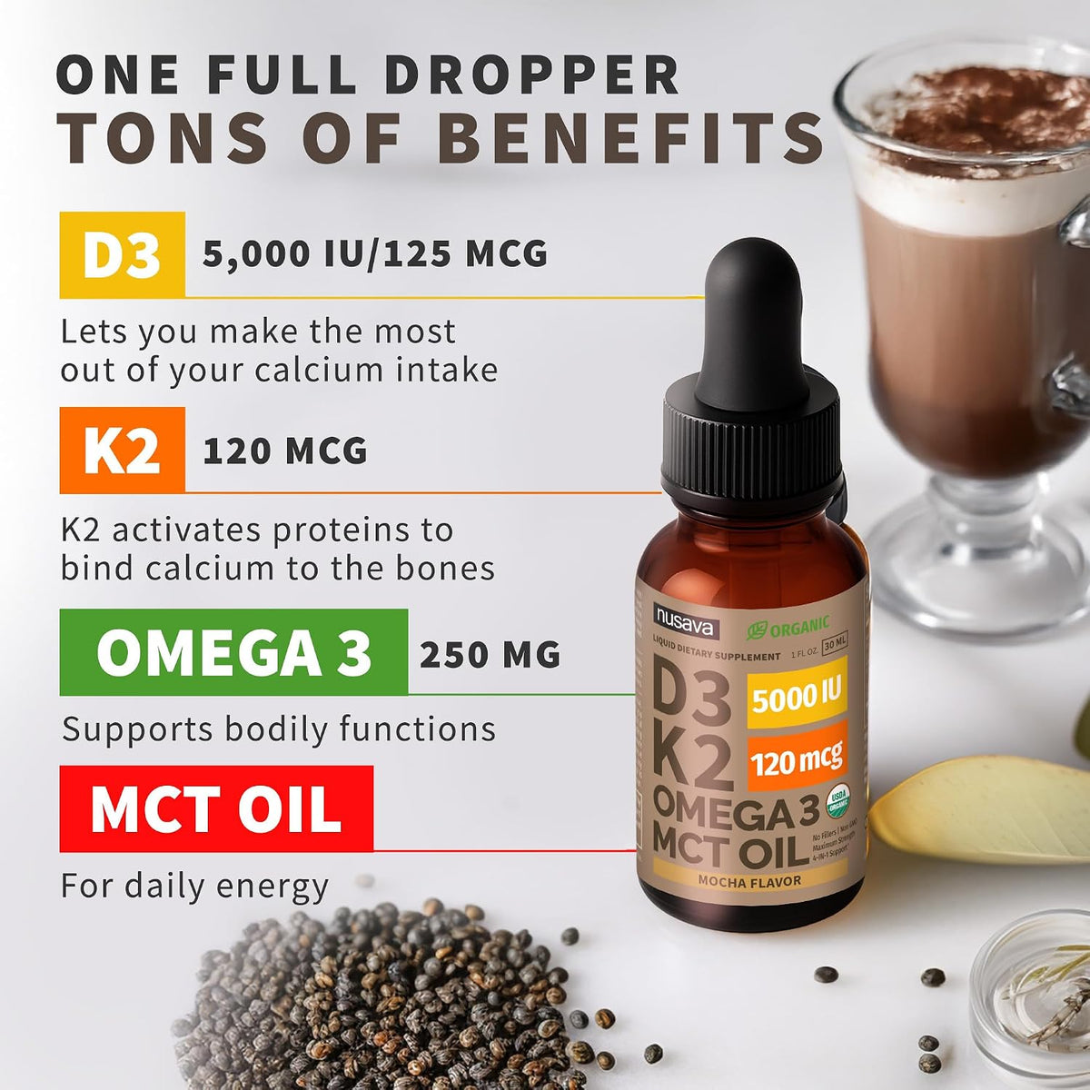 Gotas Orgánicas de Vitamina D3 + K2 con MCT y Omega 3 - 5000 UI - Sabor Mocha – Image 3