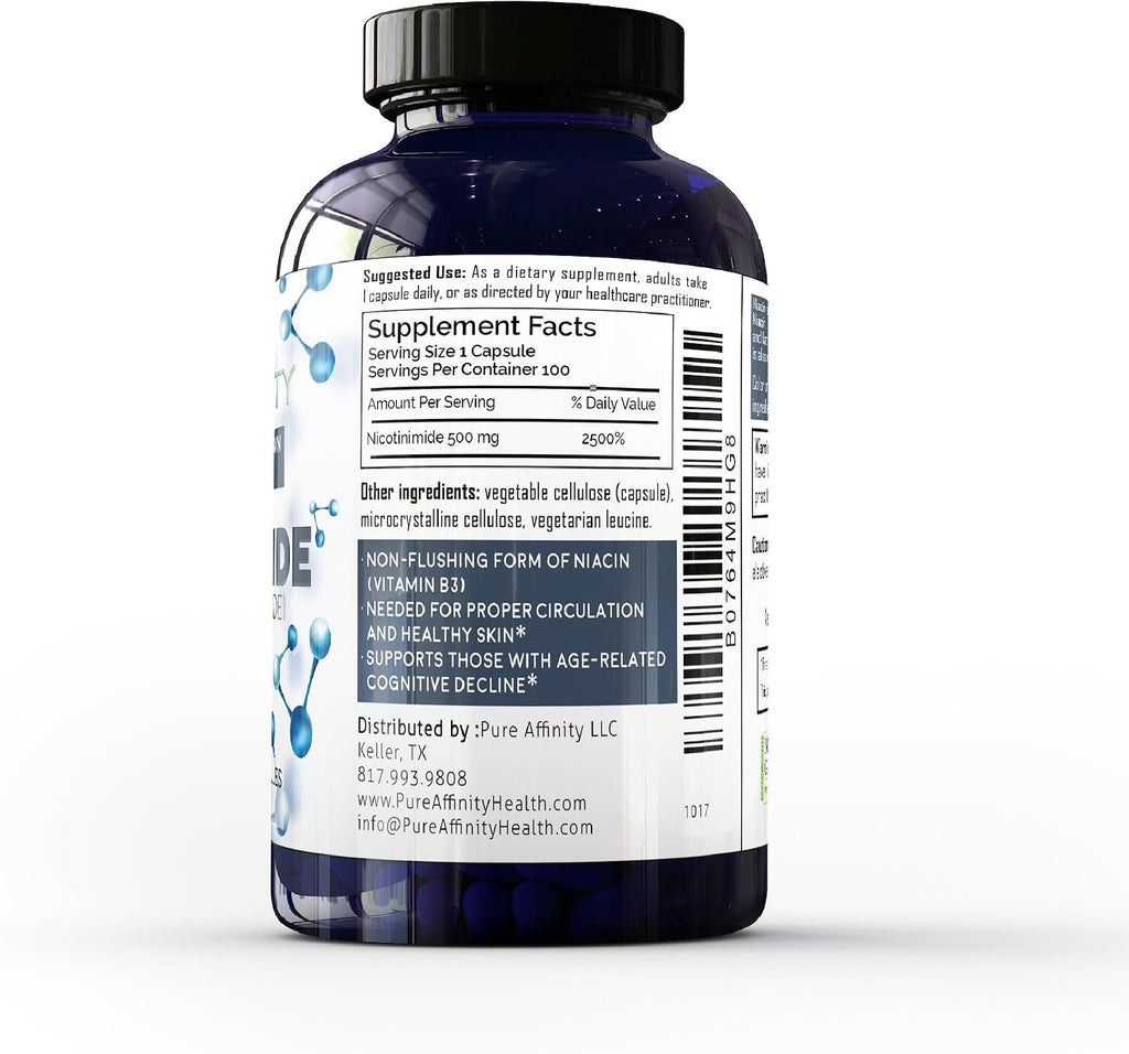 B3 Nicotinamida 500 mg – Niacina Sin Rubor, 100 Cápsulas
