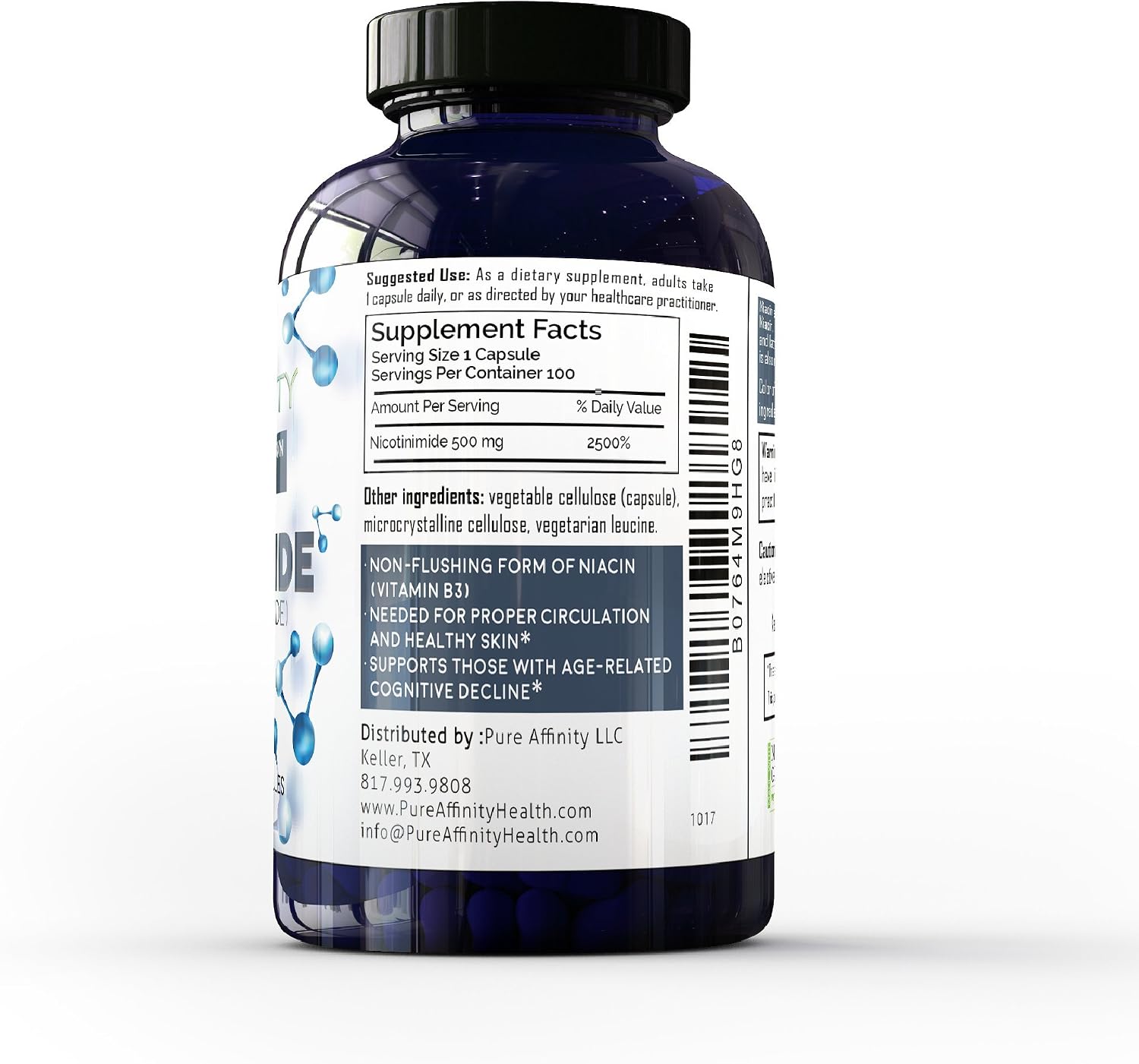 B3 Nicotinamida 500 mg – Niacina Sin Rubor, 100 Cápsulas