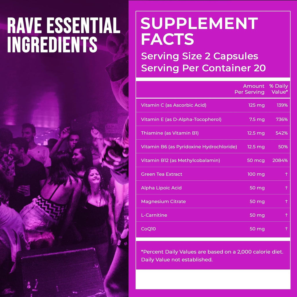 Pre-Rave Suplemento - 5-HTP Free, CoQ10, Magnesio, Té Verde - 40 Cápsulas
