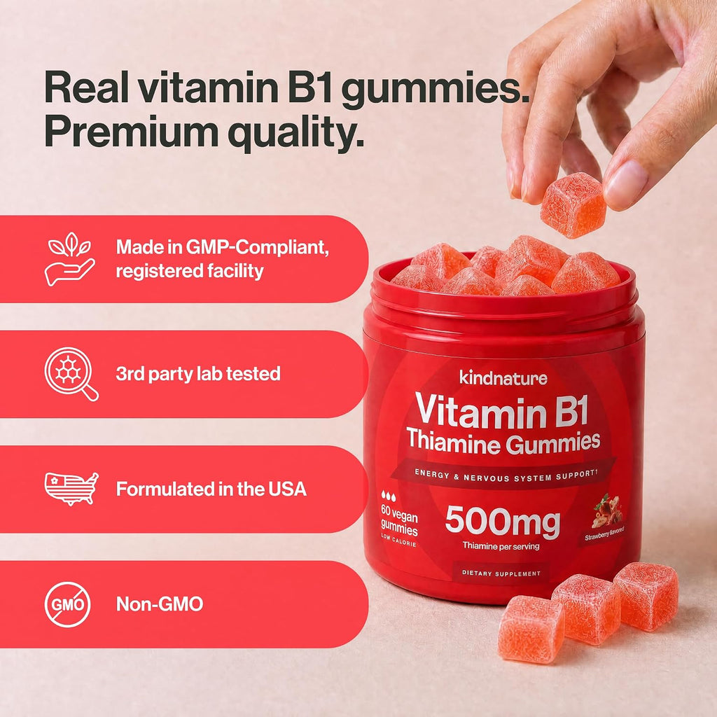 kindnature Gominolas de Vitamina B1 500mg – Alta Potencia – Vegano – Sabor Fresa – 60 uds