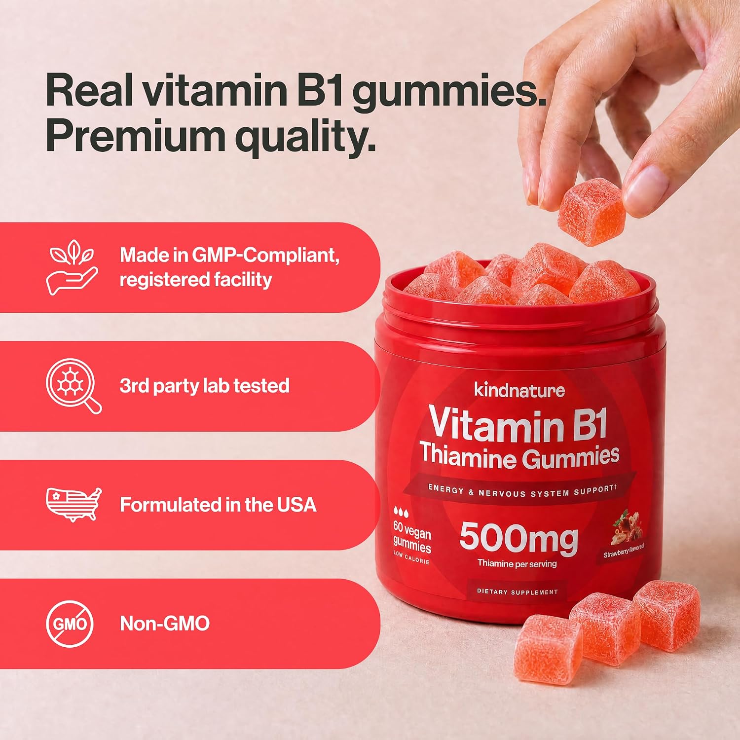 kindnature Gominolas de Vitamina B1 500mg – Alta Potencia – Vegano – Sabor Fresa – 60 uds