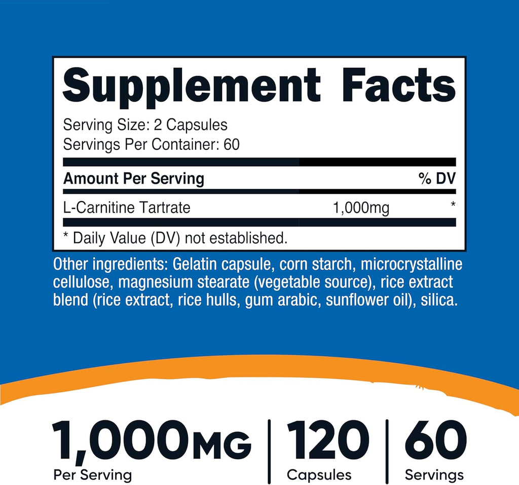 Nutricost L-Carnitina Tartrato 1000mg, 120 Cápsulas