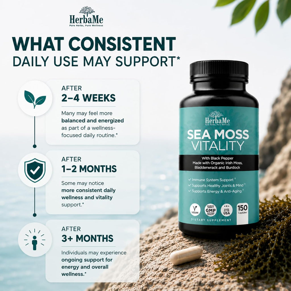 HerbaMe Musgo de Mar Orgánico con Bladderwrack, Bardana y Pimienta Negra - 150 Cápsulas Vegetales