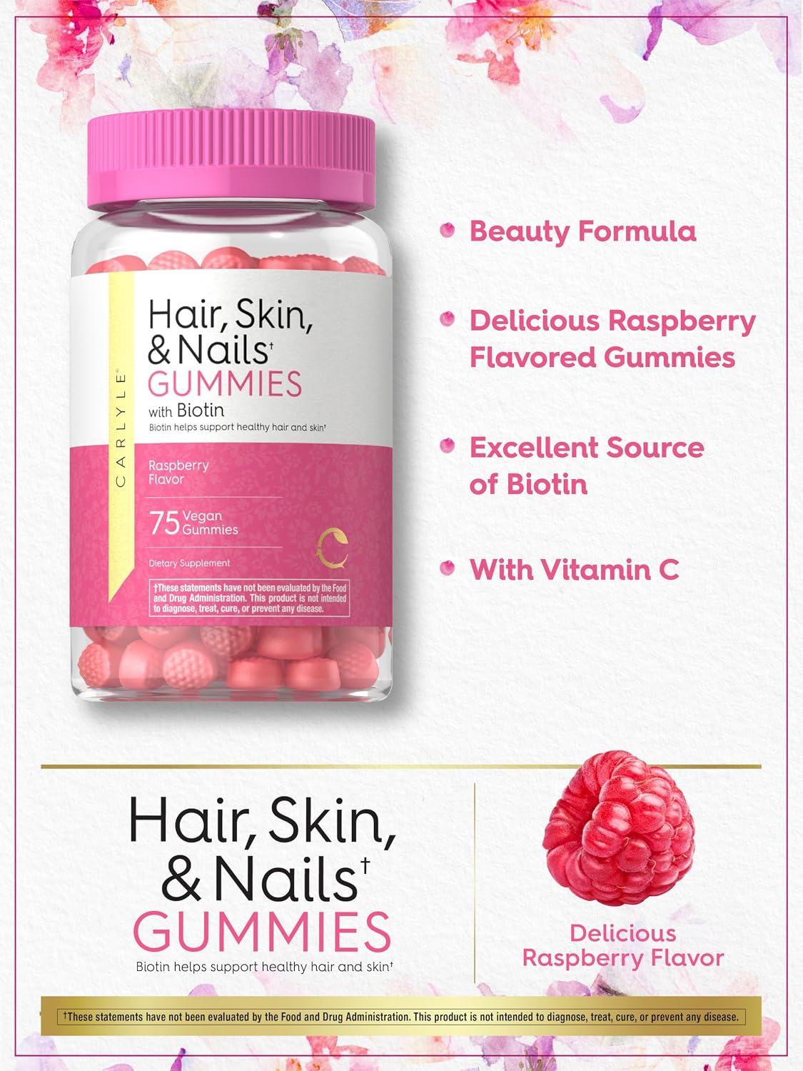 Carlyle Biotina 2500mcg para Cabello, Piel y Uñas - 75 Gominolas con Vitamina C y E, Sabor Frambuesa