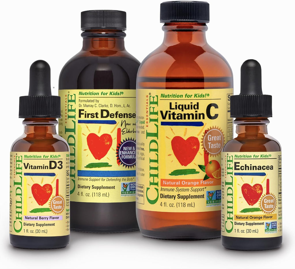 CHILDLIFE ESSENTIALS Immune Support 4-Pack - Pack de vitaminas y minerales líquidos para niños, con vitamina D3, vitamina C, First Defense y Equinácea