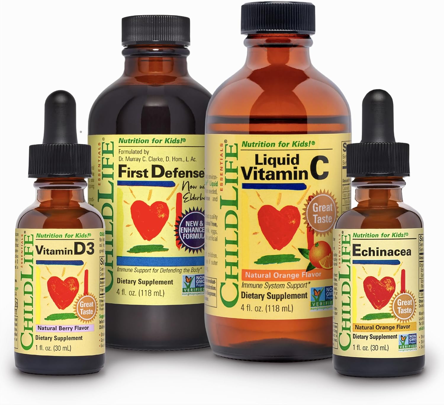 CHILDLIFE ESSENTIALS Immune Support 4-Pack - Pack de vitaminas y minerales líquidos para niños, con vitamina D3, vitamina C, First Defense y Equinácea