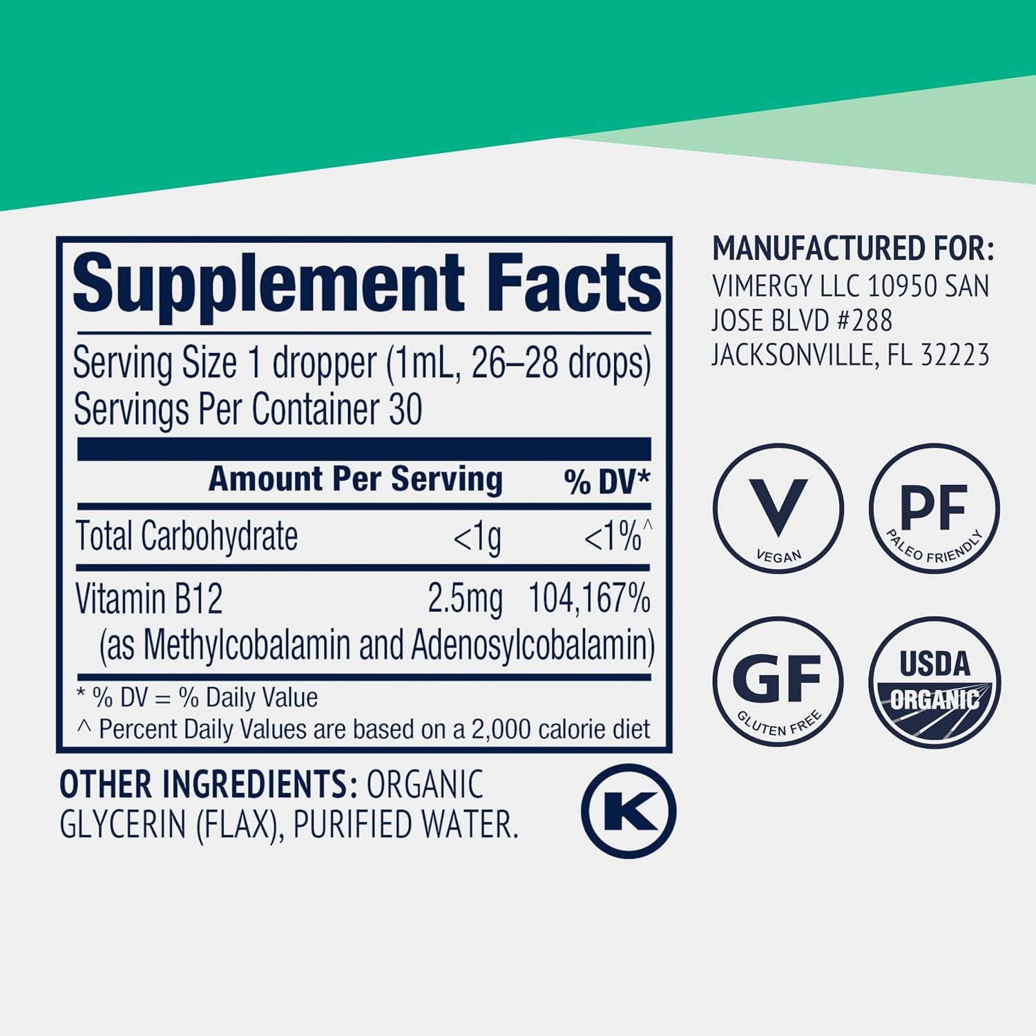 Vimergy Vitamina B12 Líquida Orgánica 2500 mcg - Metilcobalamina y Adenosilcobalamina