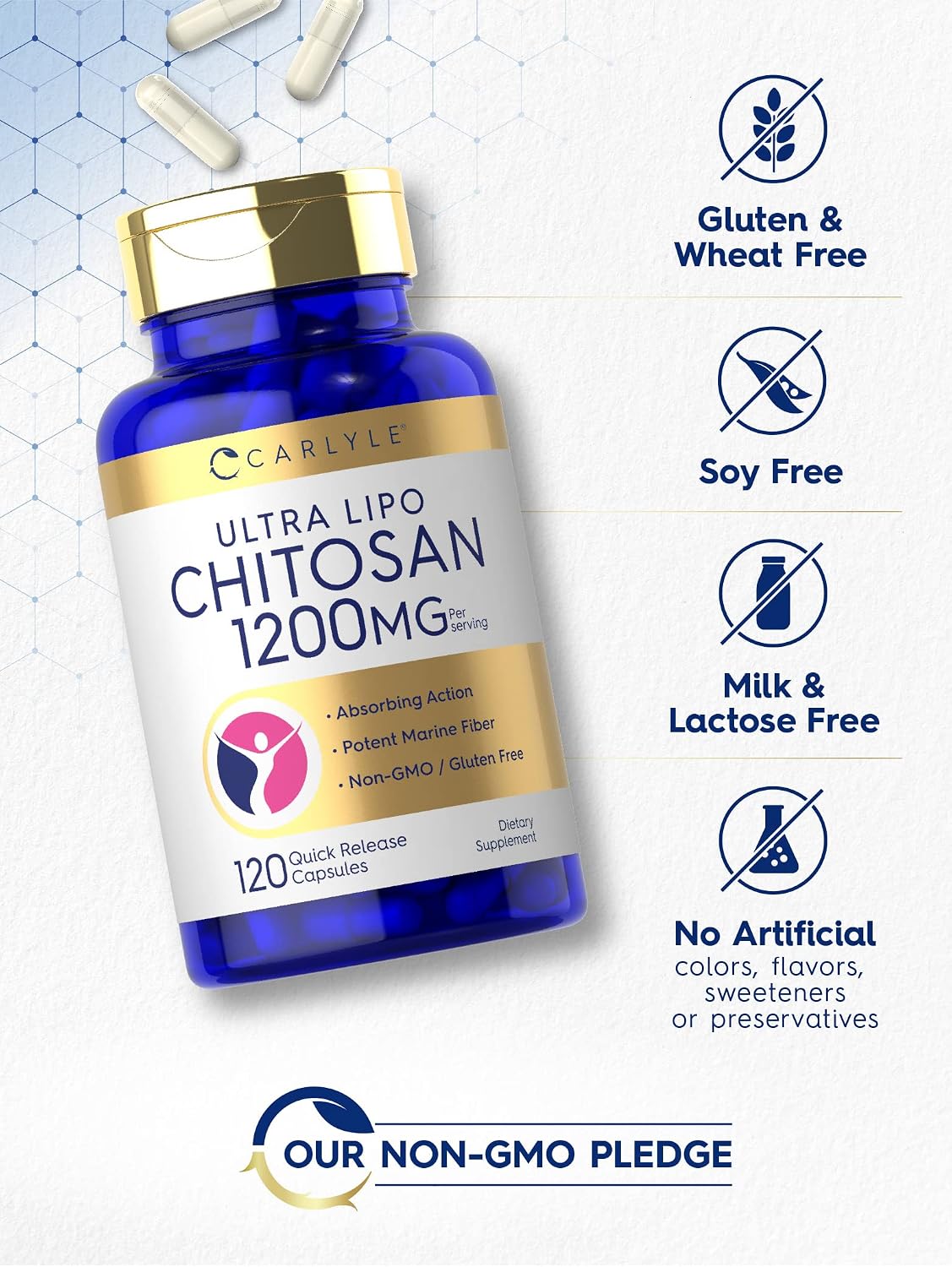 Carlyle Chitosan 1200 mg - 120 Cápsulas de Liberación Rápida - Sin Gluten, No GMO