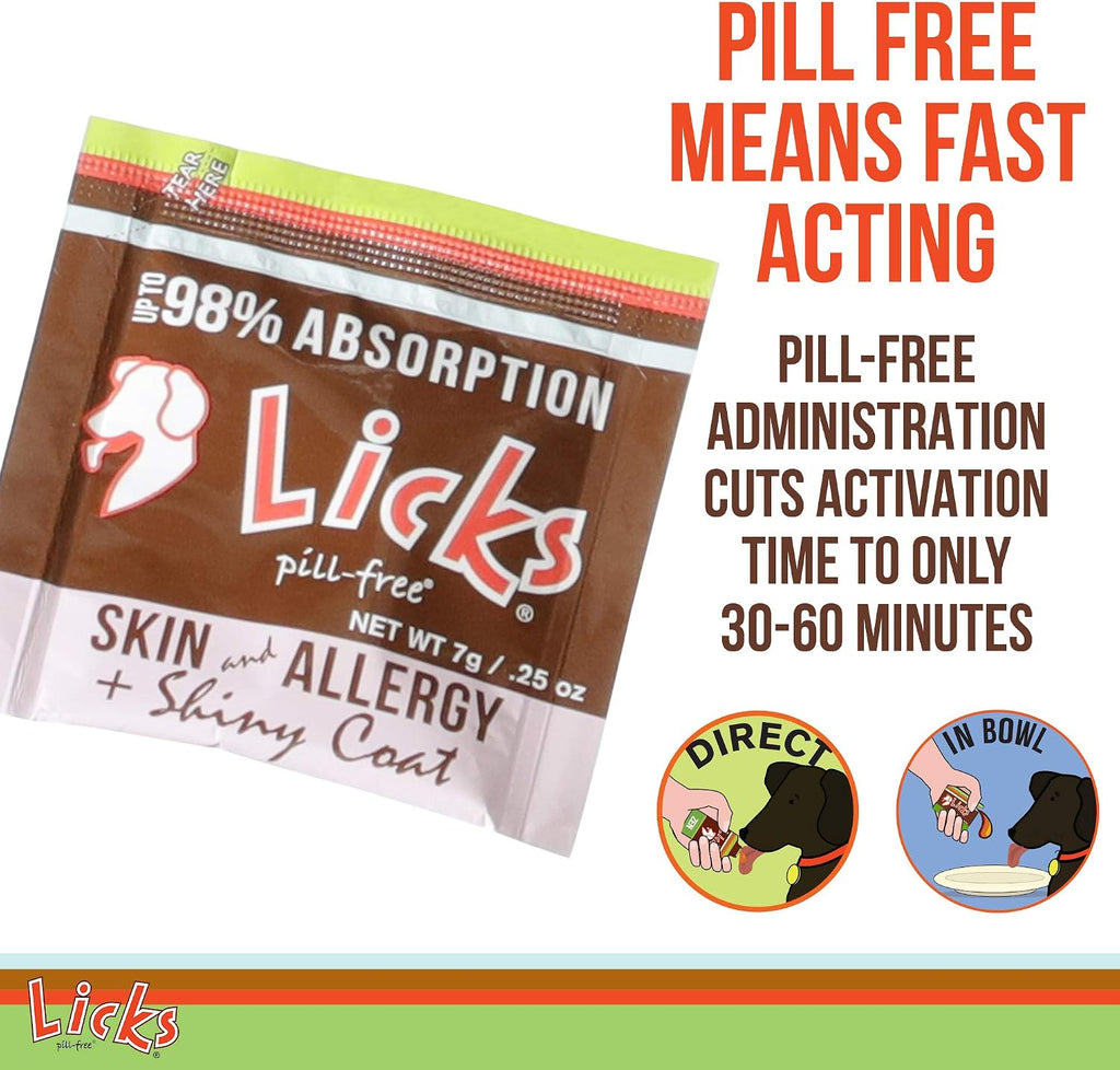Licks Skin & Allergy Support - Gel de alergia para perros con Omega 3, cúrcuma y vitamina C - Soporte para la humedad de la piel y el pelaje - Sabor a pescado - 10 unidades