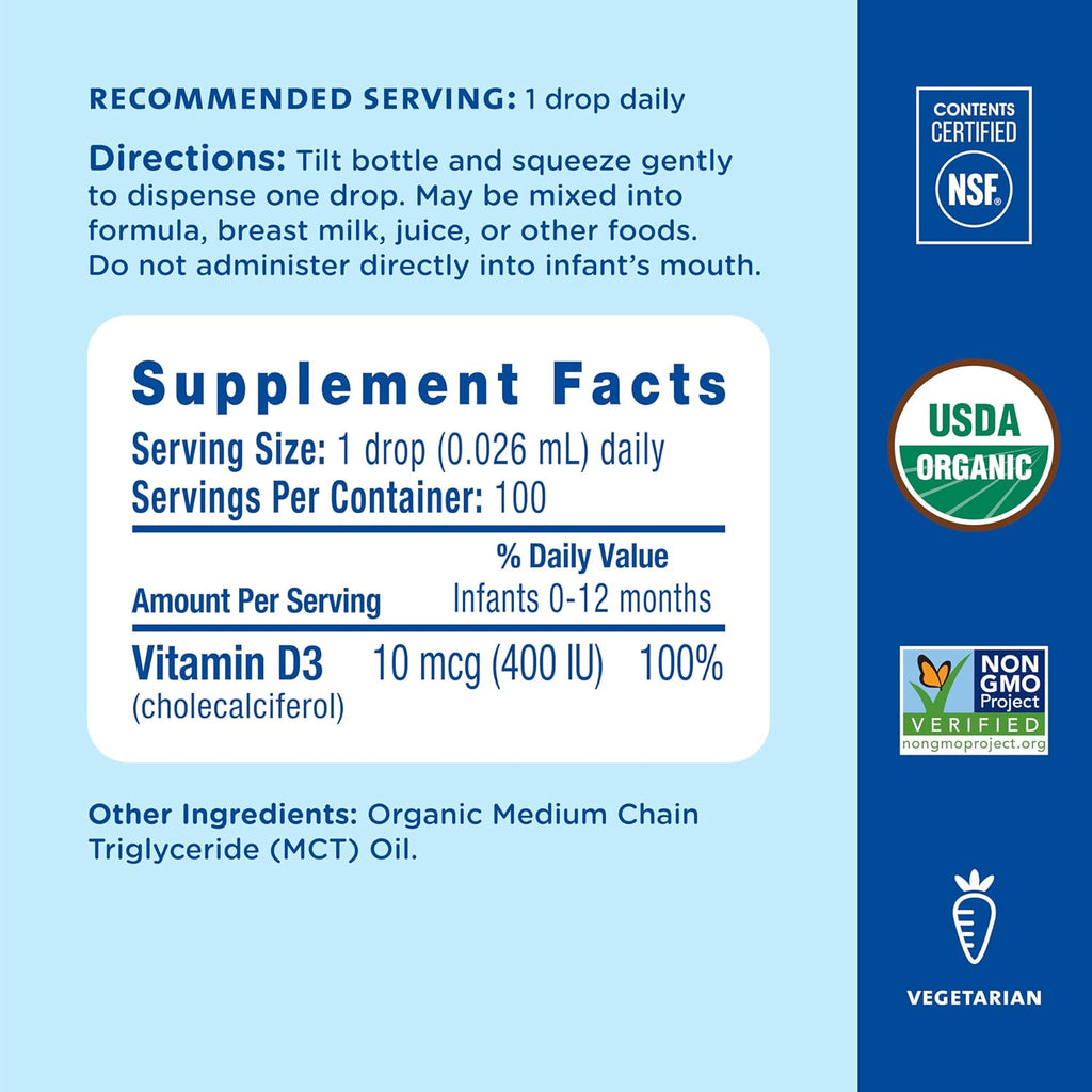 Mommy's Bliss Gotas Orgánicas de Vitamina D3 para Bebés – 400 UI, 0.11 fl oz, Pack de 2