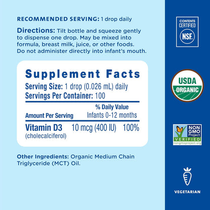 Mommy's Bliss Gotas Orgánicas de Vitamina D3 para Bebés – 400 UI, 0.11 fl oz, Pack de 2 – Image 5