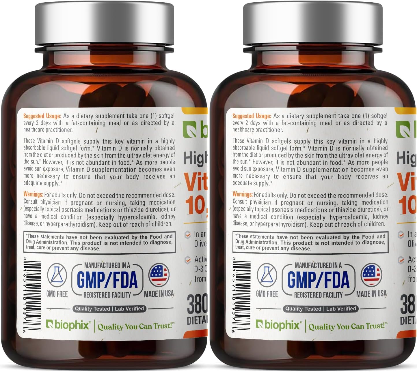 biophix Vitamin D3 10000 IU 380 Capsules (2 Bottles) - High Potency in Extra Virgin Olive Oil - Non-GMO, Soy-Free